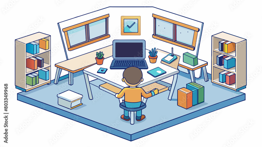 Poster a small room with only a few desks and chairs each occupied by a student and their personal laptop. 
