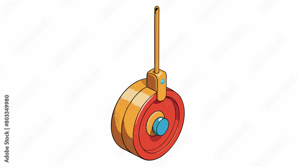 Poster a small round pulley made of durable plastic attached to a wooden dowel and used to suspend a childs