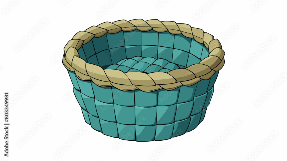 Poster A small round basket made from tightly woven strips of fabric. It has a soft plush texture and comes in a variety of colors and patterns. The basket. Cartoon Vector