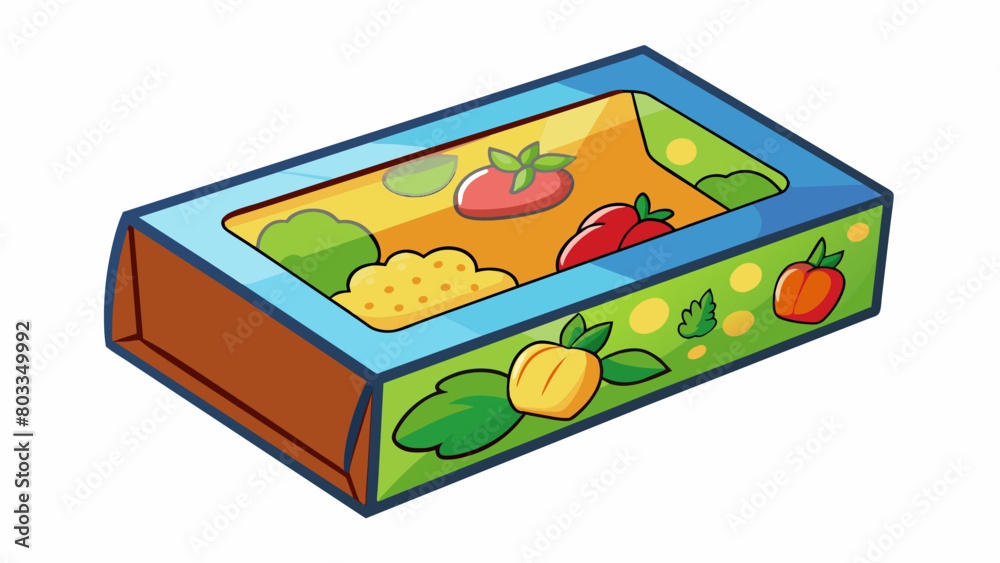 Poster A small rectangular cardboard box with a flap lid featuring colorful graphics of fruits and vegetables on all sides. The box is sy and lightweight. Cartoon Vector