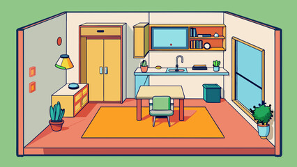 A small studio apartment with a functional design featuring a folddown Murphy bed disguised as a bookcase a compact kitchenette with a mini fridge and. Cartoon Vector