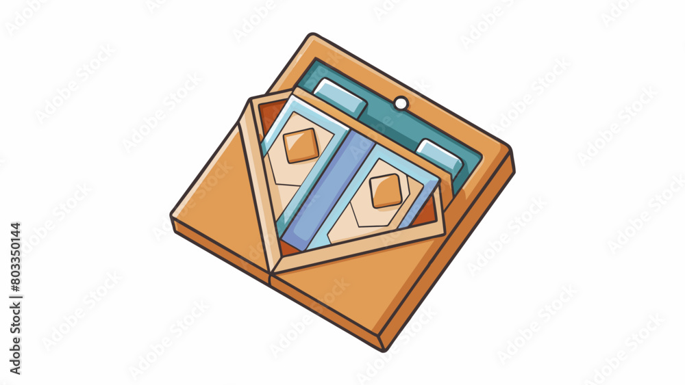 Aufkleber A square flat cardboard sleeve with a clear plastic window containing a set of five envelopes and corresponding cards. Each card has a different. Cartoon Vector