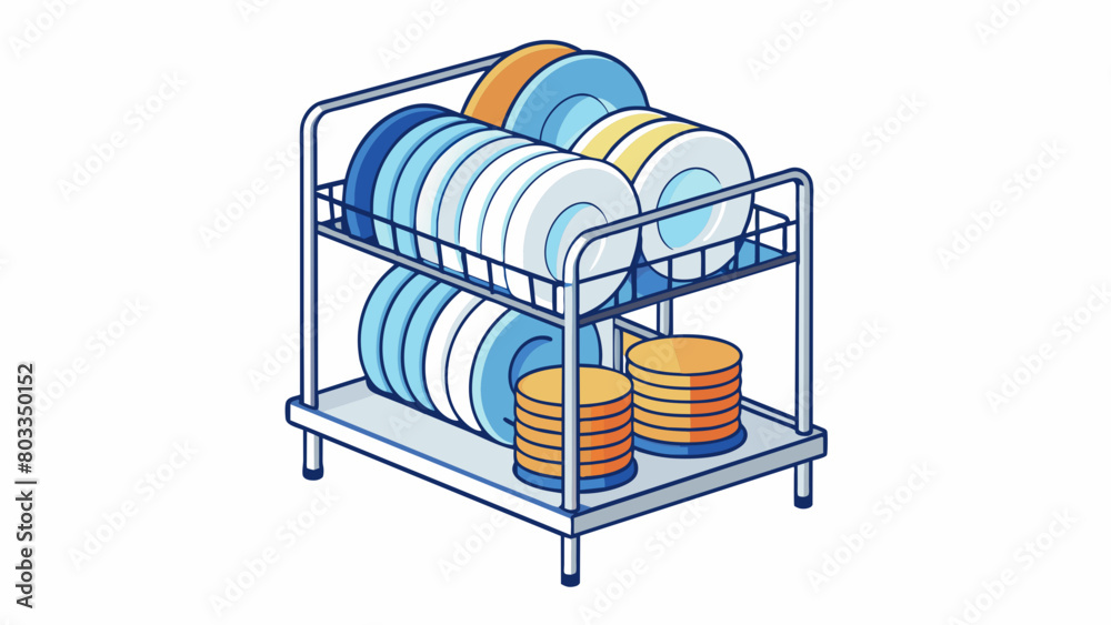 Poster A stack of clean dishes on a drying rack symbolizing the responsibility of cleaning up after oneself and keeping the kitchen or dining area tidy.. Cartoon Vector