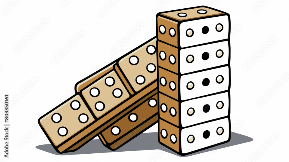 Poster A stack of dominoes lined up in perfect harmony ready to topple at the push of a finger the slightest touch will have a domino effect.. Cartoon Vector