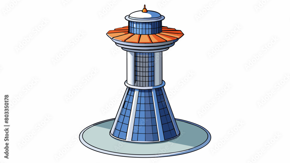 Poster a steam turbine sitting atop a tall tower with a sleek futuristic design. this turbine is part of a 