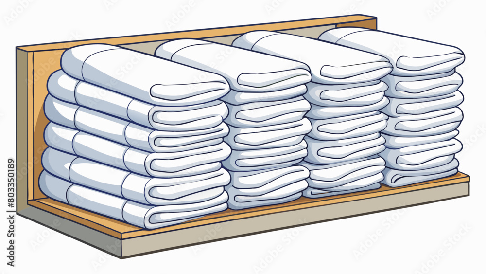 Poster a stack of plain white towels neatly folded and stacked on shelves awaiting to be used in a hospital