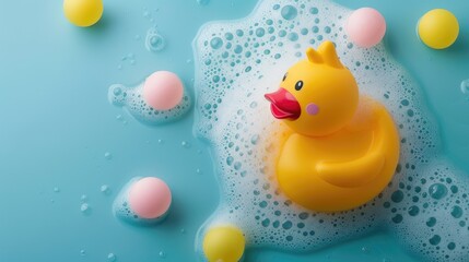 Rubber duck in a bath with foam on a blue background.