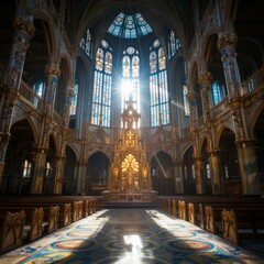 Ornate church interior with stained glass windows - obrazy, fototapety, plakaty