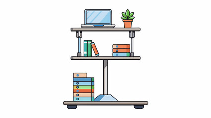 A standing desk made of metal with a lever on the side to adjust the height. The surface has a nonslip texture and there are several shelves attached. Cartoon Vector