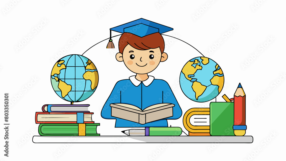 Poster a student sitting attentively in a classroom surrounded by various educational materials such as boo