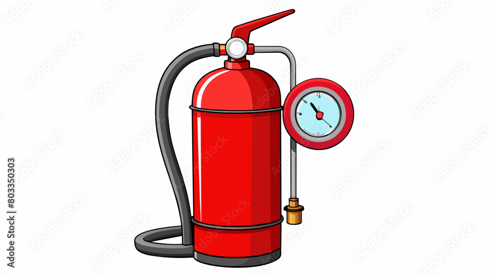 Aufkleber a sy red fire extinguisher with a long hose and a pressure gauge. it has clear instructions on how t