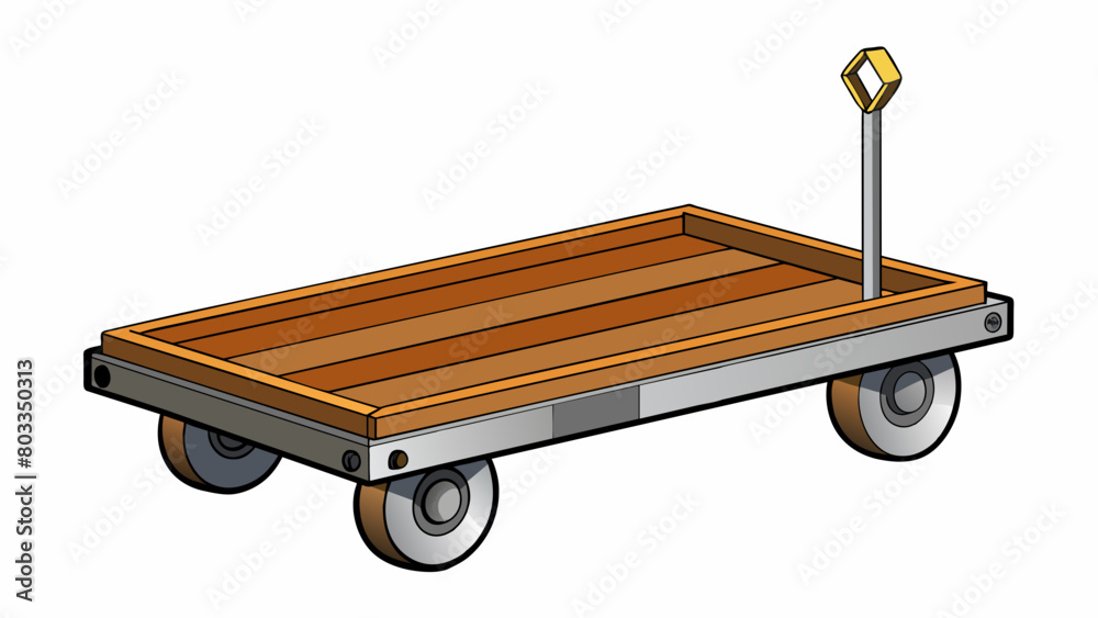 Poster A sy wooden platform with four wheels attached to the corners. There is a long handle at the front for pushing and a metal tray on top for holding. Cartoon Vector