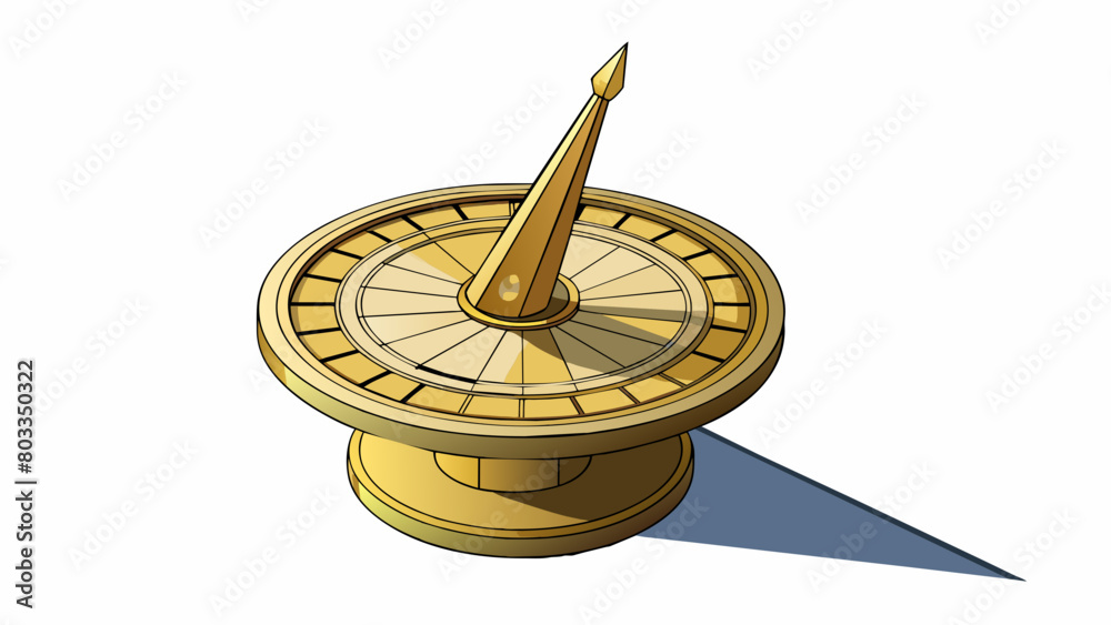 Poster a sundial with a flat circular base and a tall slender gnomon pointer in the center. as the sun move