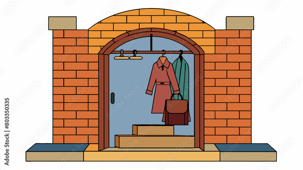 Poster as you step inside the entryway is lined with a high arch of exposed brick. a simple wooden bench si