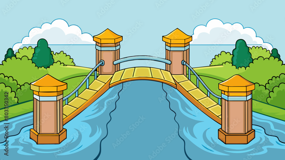 Poster A sy bridge over a rushing river symbolizing the importance of building strong and supportive relationships with others.. Cartoon Vector