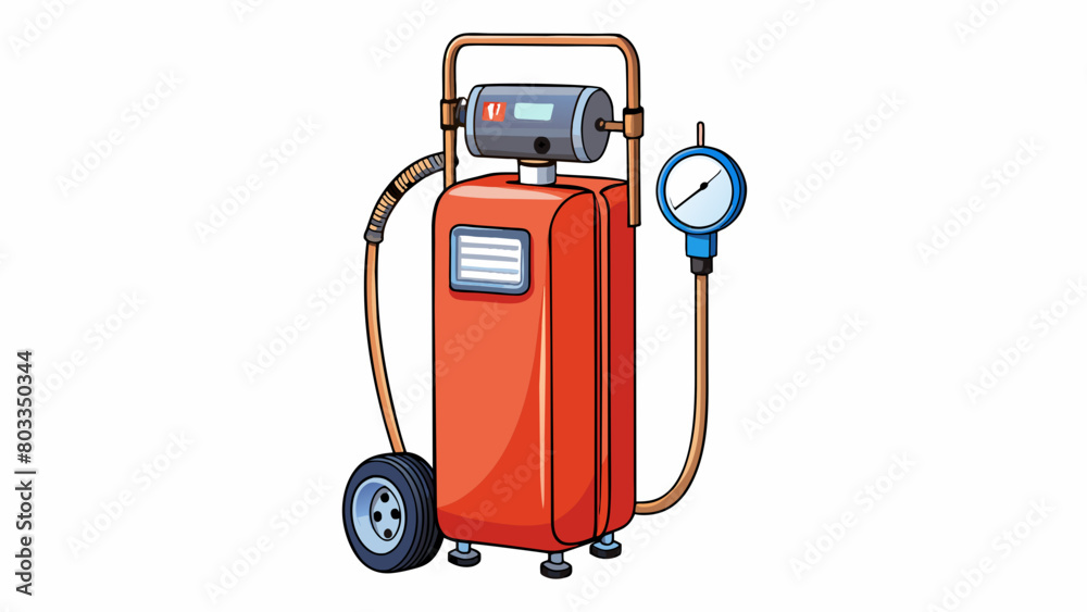 Poster At a gas station a compressor is used to inflate car tires. It is a standalone machine with a tall skinny shape and a round base. The compressor has a. Cartoon Vector