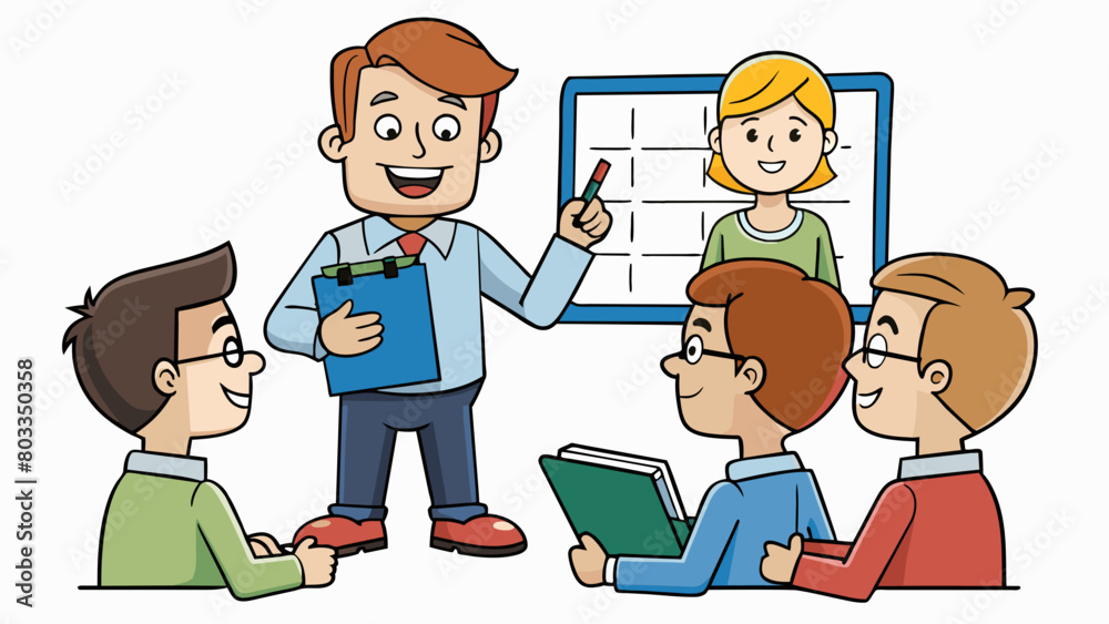 Poster At a group project meeting a student is taking charge and delegating tasks to their team members. They have a binder filled with project materials and. Cartoon Vector