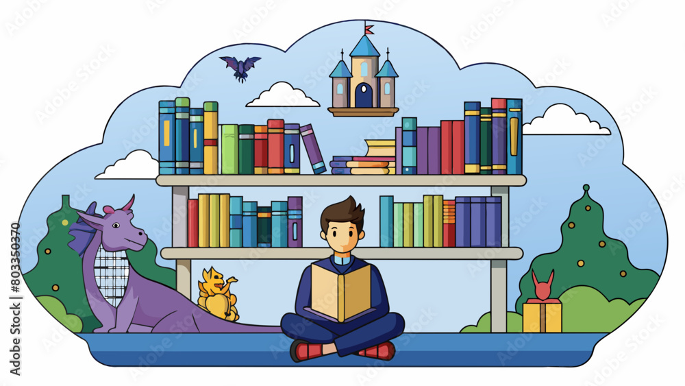 Poster a student sits in a library surrounded by towering shelves of books but in their mind they are explo