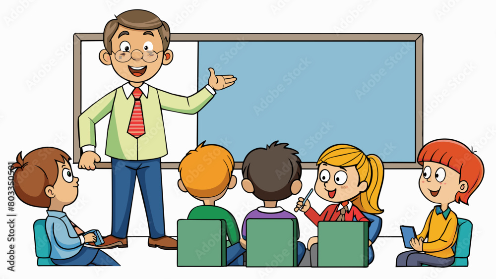 Poster A teacher in a classroom standing in front of a whiteboard and eagerly engaging with a group of students. They use their knowledge and communication. Cartoon Vector