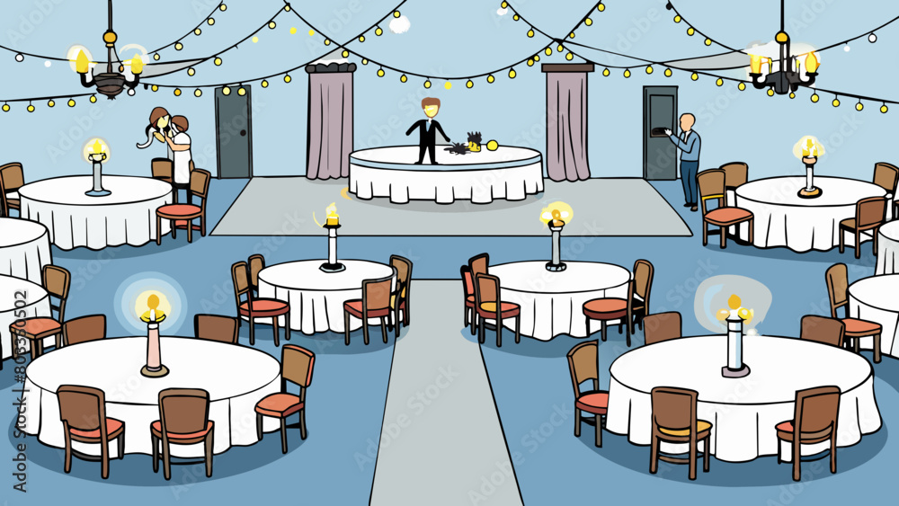 Poster at a wedding reception round tables with white linens and centerpieces are arranged elegantly in a b