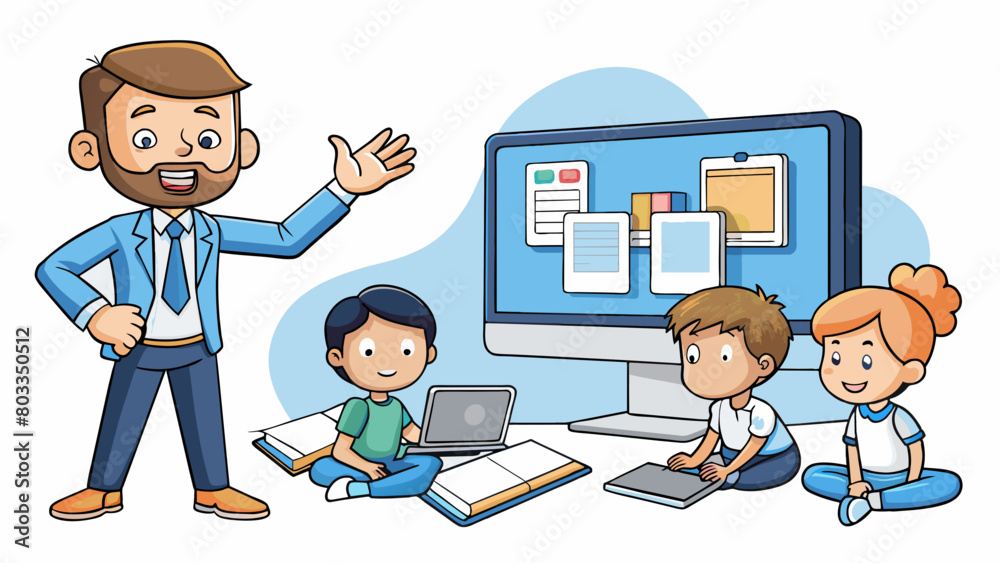 Poster A teacher and a group of students using technology to create a multimedia presentation. The students are excitedly clicking and typing while the. Cartoon Vector