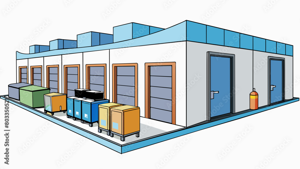 Poster a temperaturecontrolled facility with numerous refrigeration units and storage areas. the walls are 