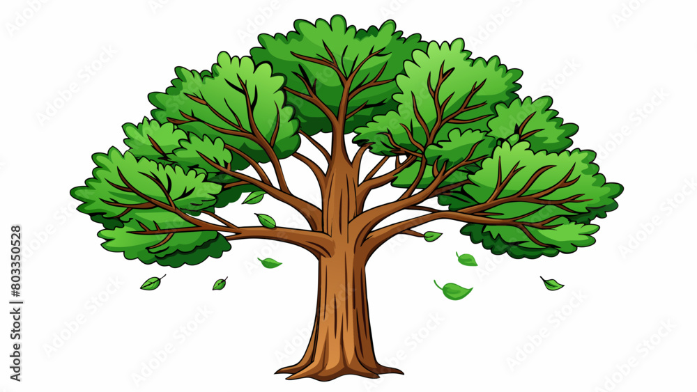 Fototapete A tall leafy tree with branches that spread out in all directions. Its trunk is thick and sy and its leaves are deep green and rustle in the wind.. Cartoon Vector