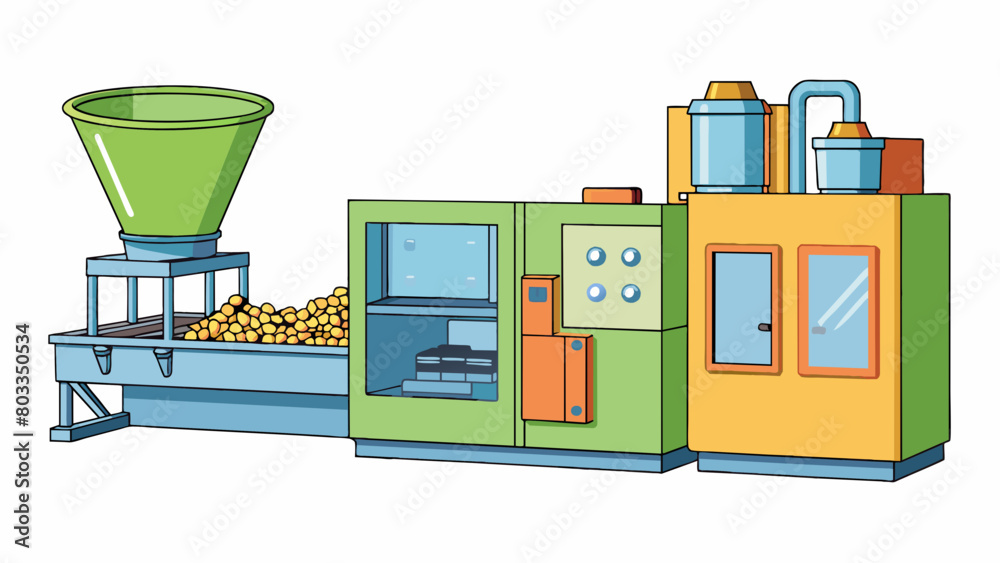 Poster a tall sy machine with a large hopper on top and a rotary wheel in the center. as the wheel rotates 