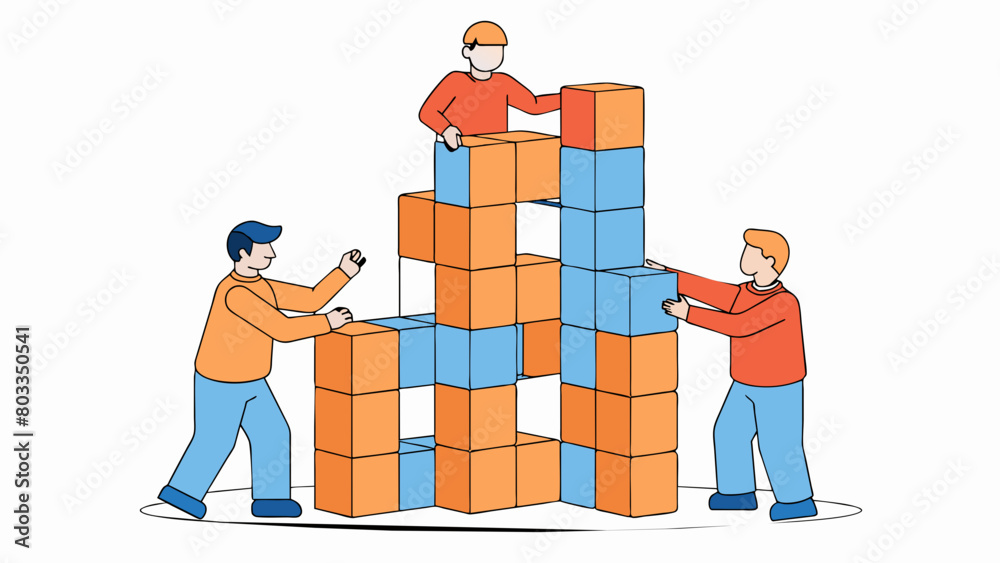 Poster A team building a tower with blocks Each member of the team has their own set of blocks but together they can build a tall and sy tower. This reflects. Cartoon Vector