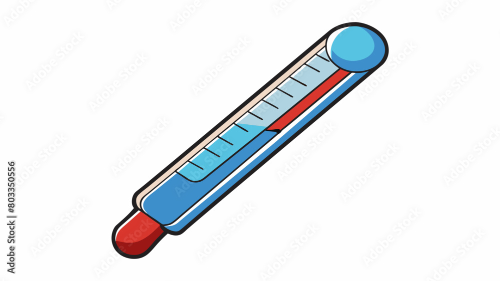 Poster A thermometer with a long glass tube filled with colored liquid and marked with numbers to indicate temperature. It may have a metal tip for inserting. Cartoon Vector