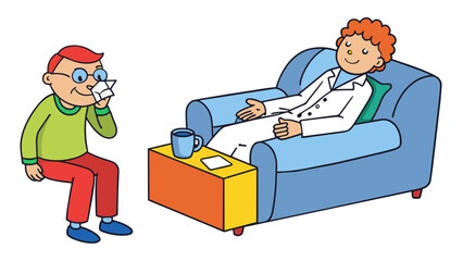 A therapy session where a person is lying on a comfortable couch with their eyes closed discussing their feelings and thoughts with a the. There is a. Cartoon Vector