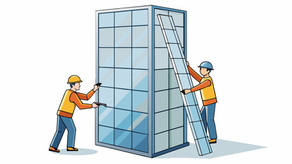 A team of construction workers are putting together a tall tower made primarily of glass and steel. They are carefully fitting the large glass panels. Cartoon Vector