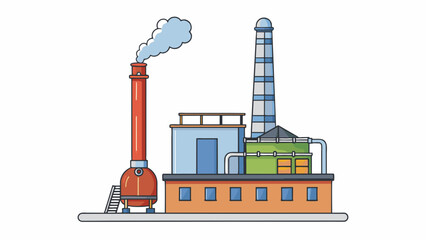 Fototapeta premium A tall metal smokestack towering above a factory equipped with a scrubber at the top that removes dangerous chemicals from the smoke before it is. Cartoon Vector