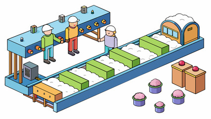 A textile production line This industrial chain begins with the cultivation of cotton plants which are then harvested and sent to a processing plant.. Cartoon Vector
