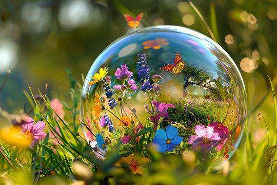 Fototapeta transparent glass ball with flowers and butterfly inside on meadow background, magic summer spring concept, nature reflection wallpaper