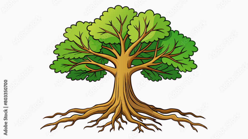 Poster A towering oak tree with its thick trunk and outstretched branches. Its roots run deep into the ground giving it stability and a strong foundation.. Cartoon Vector