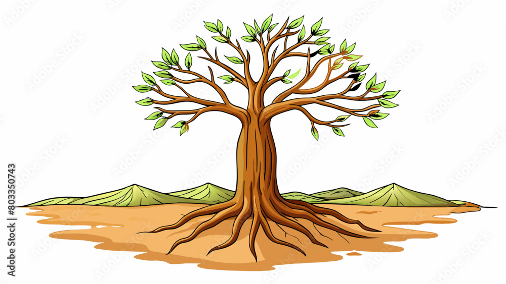 Poster A tree standing tall and proud in the midst of a barren landscape its roots anchored deep in the ground and its branches reaching towards the sky.. Cartoon Vector
