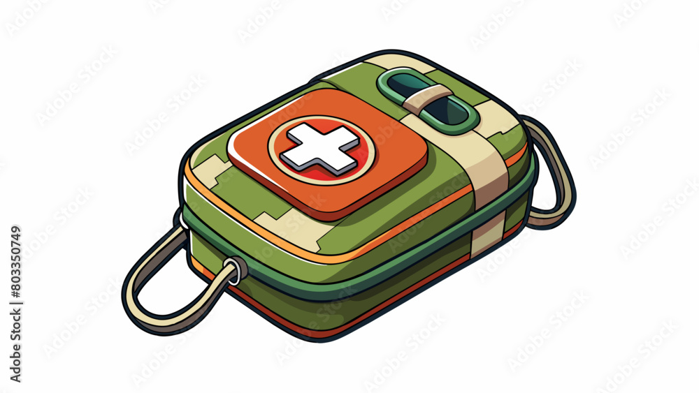 Poster A travelsized first aid kit perfect for camping or hiking. It has a carabiner clip for easy attachment and inside are items like pads an emergency. Cartoon Vector
