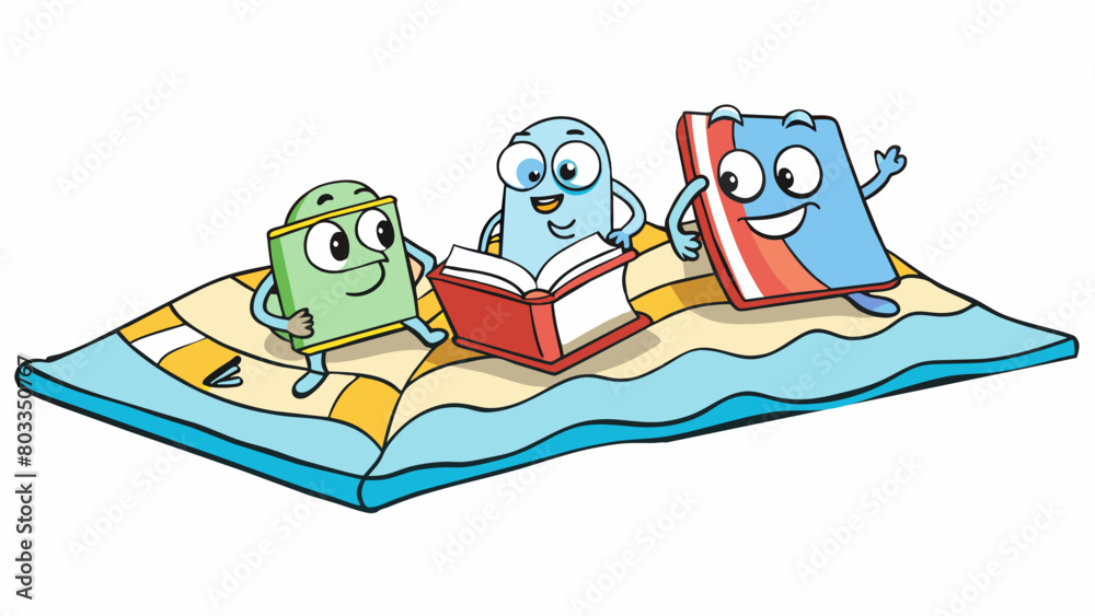 Poster at the beach a group of friends lounge on beach towels each engrossed in a different book. the sound