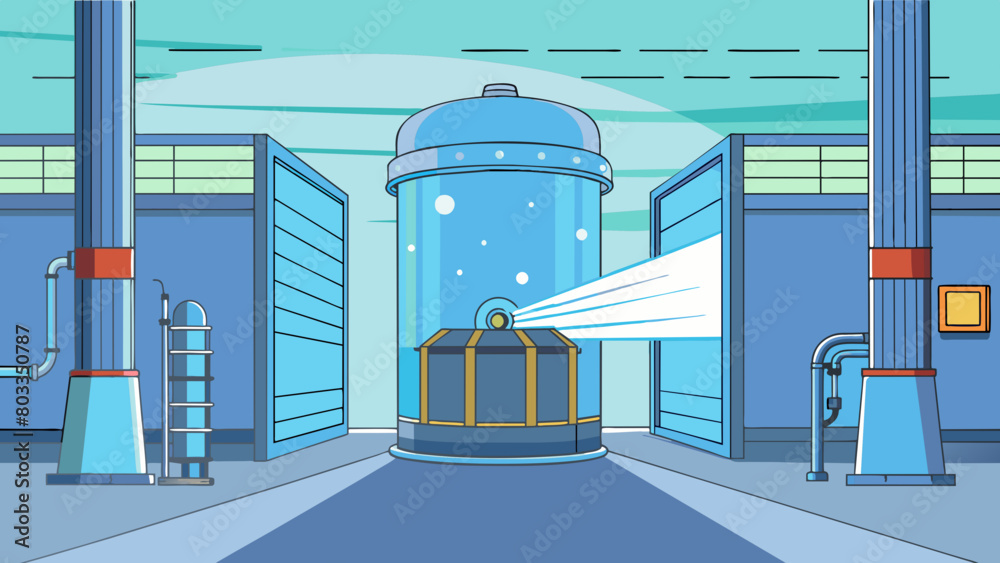 Aufkleber At the entrance of a factory a large metallic cylinder can be seen pulsating with a soft blue light. This is a stateoftheart scrubber system designed. Cartoon Vector