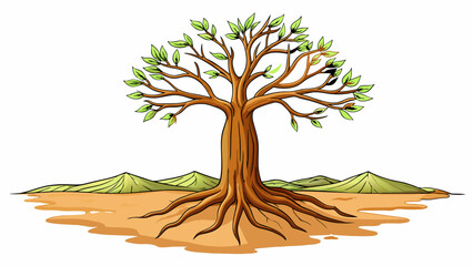 A tree standing tall and proud in the midst of a barren landscape its roots anchored deep in the ground and its branches reaching towards the sky.. Cartoon Vector