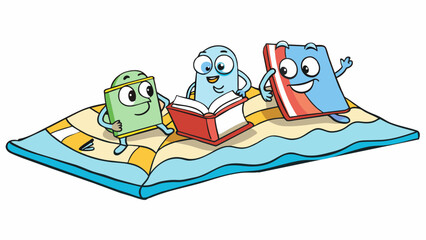 At the beach a group of friends lounge on beach towels each engrossed in a different book. The sound of crashing waves provides a soothing background. Cartoon Vector
