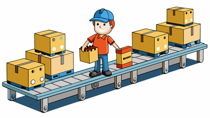 At the end of the assembly line the finished products are packaged and loaded onto pallets or carts ready to be shipped to customers. The assembly. Cartoon Vector