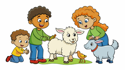 At the petting zoo children squealed with delight as they brushed the soft fluffy fur of a baby lamb and fed carrots to the friendly eagertoplease. Cartoon Vector