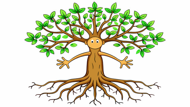 A tree with roots representing past experiences and branches representing future potential illustrating the role of nature versus nurture in shaping. Cartoon Vector