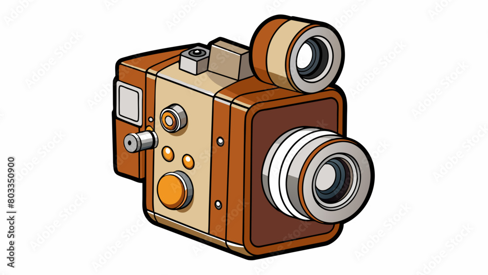 Poster a vintage film camera with a retro brown and chrome exterior. the camera has a manual focus ring and