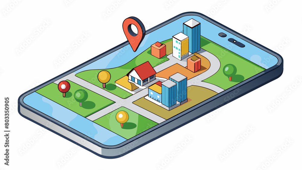 Aufkleber A virtual map displayed on a smartphone screen indicating the users current location and the best route to a desired destination. The map is updated. Cartoon Vector