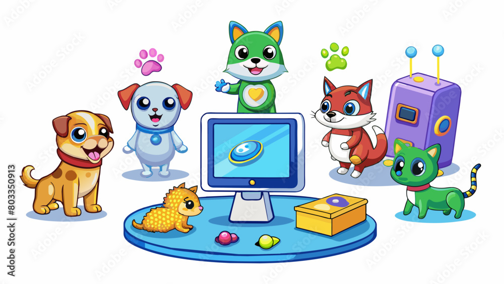 Poster A virtual pet game where users can adopt and care for their own digital animals complete with feeding grooming and playing activities.. Cartoon Vector