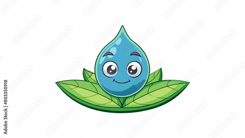 Poster A water droplet on a leaf perfectly spherical and reflecting the surrounding environment with accuracy showing the true colors and shapes of objects. Cartoon Vector