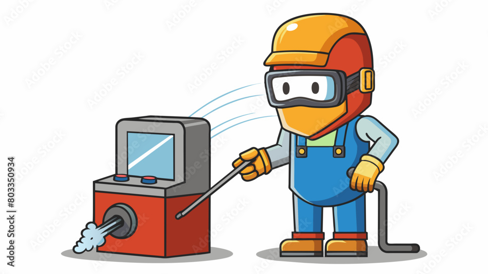 Poster a welder wearing a protective mask and gloves using an arc welding machine to fuse two pieces of met